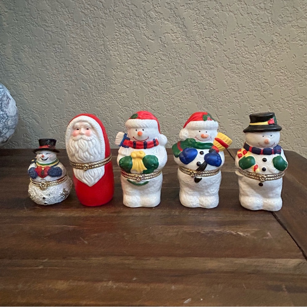 Vintage K's Collection Snowmen & Santa Trinket Boxes Set of 5 Holiday Figurines
